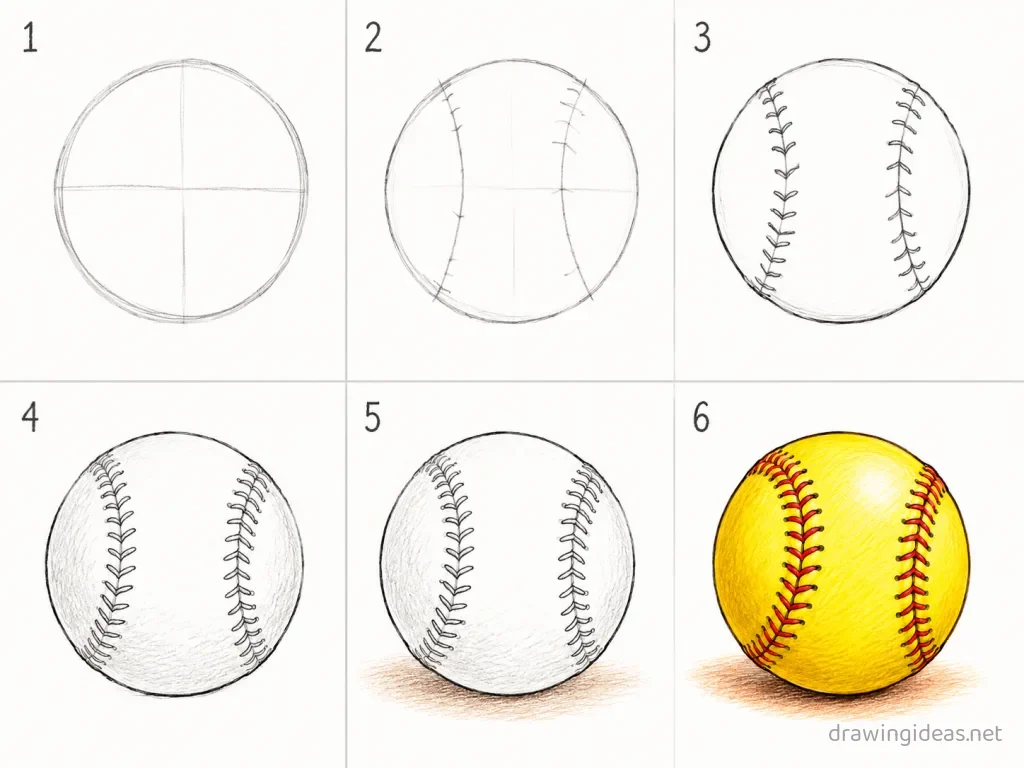 How to draw a softball step by step — 6-step softball drawing tutorial grid