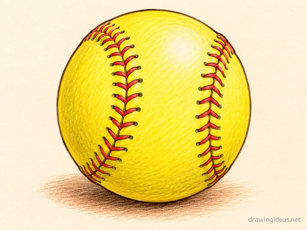 Softball drawing — hand-drawn softball illustration with ink lines and soft colors