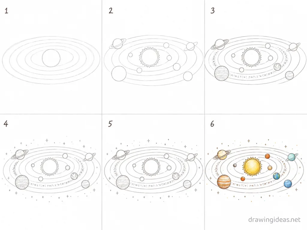 How to draw the Solar System step by step — 6-step Solar System drawing tutorial grid