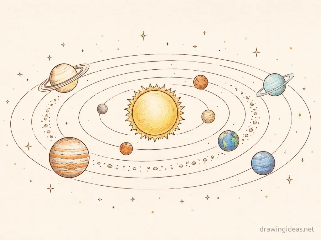 Solar System drawing — hand-drawn Solar System illustration with ink lines and soft colors