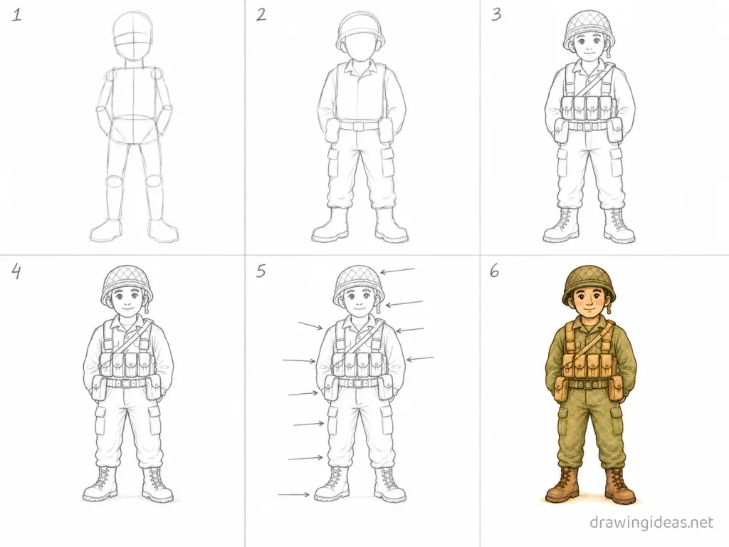 How to draw a soldier step by step — 6-step soldier drawing tutorial grid