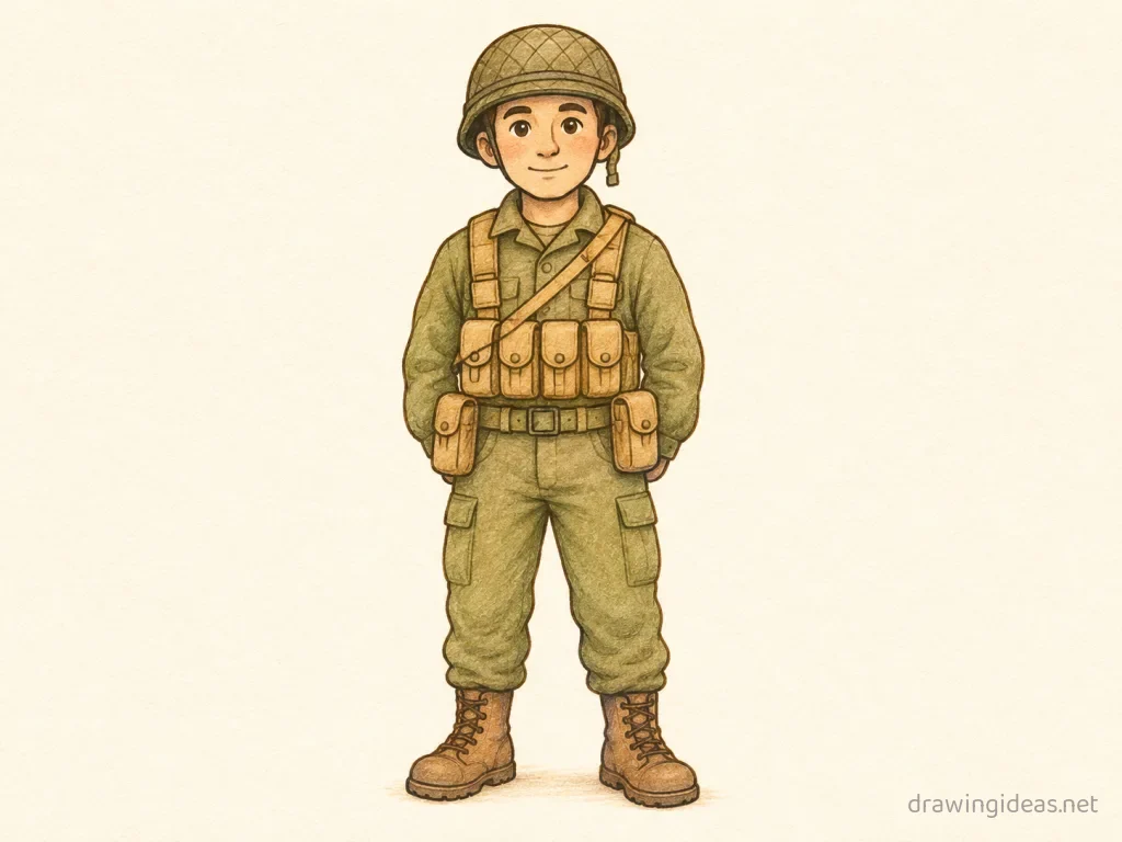 Soldier drawing — hand-drawn soldier illustration with ink lines and soft colors