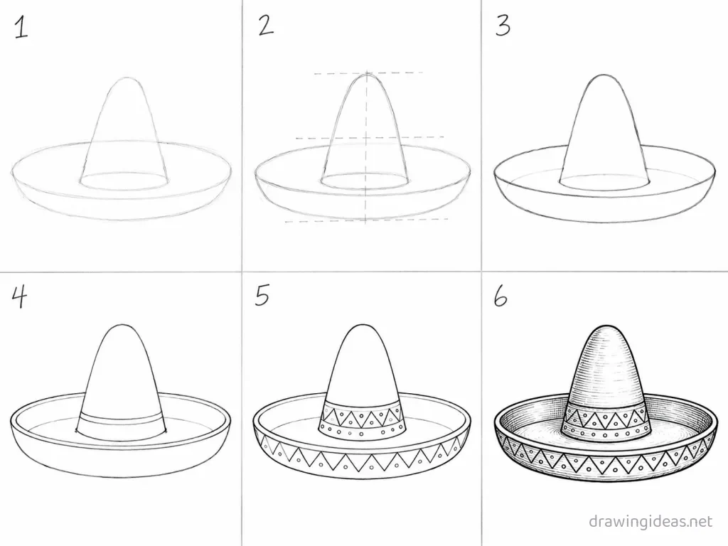 How to draw a sombrero step by step — 6-step sombrero drawing tutorial grid