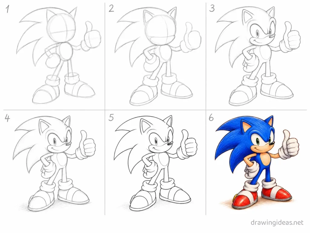 How to draw Sonic step by step — 6-step Sonic drawing tutorial grid
