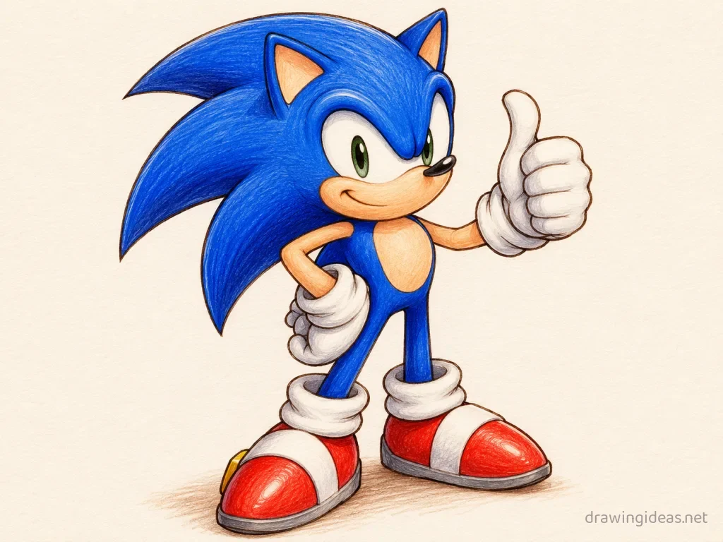 Sonic drawing — hand-drawn Sonic illustration with ink lines and soft colors