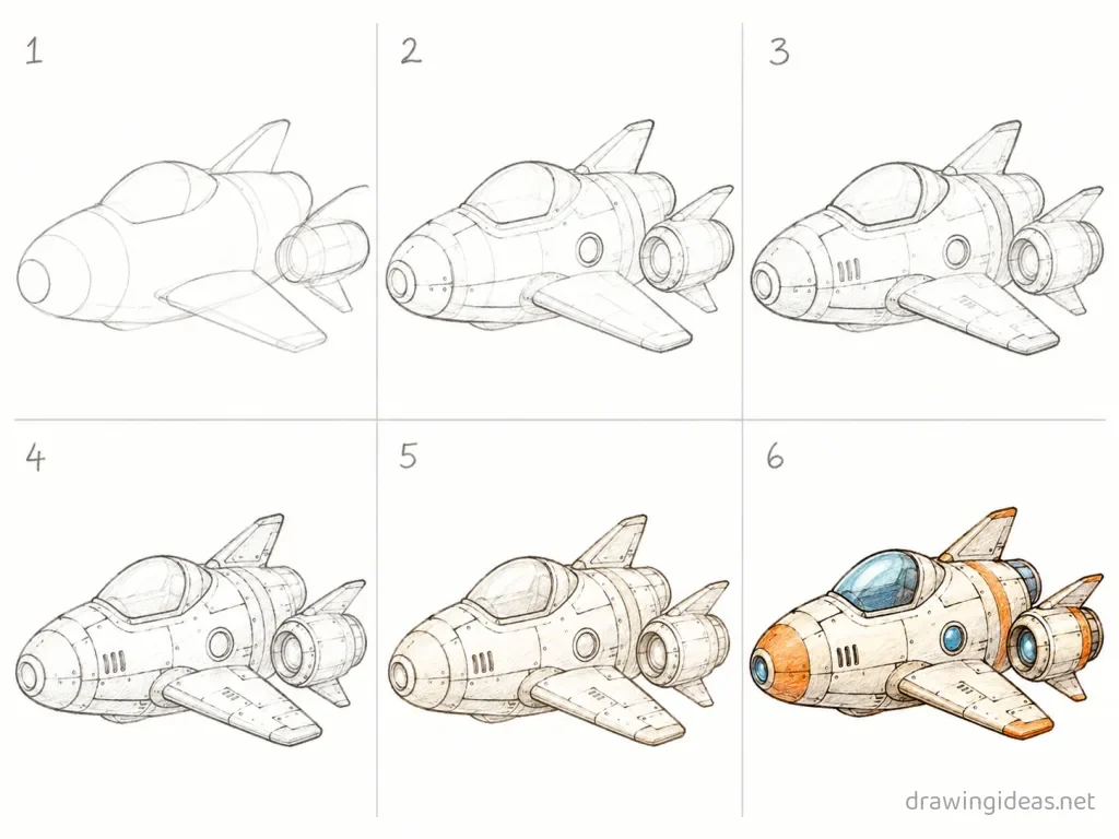 How to draw a spaceship step by step — 6-step spaceship drawing tutorial grid