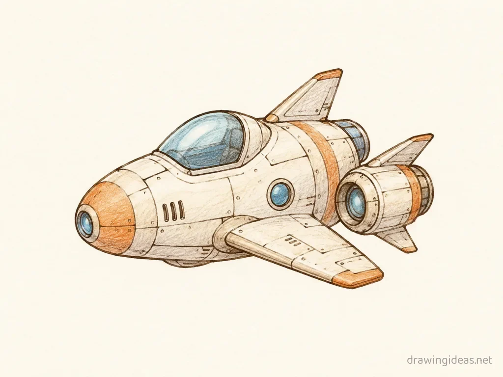 Spaceship drawing — hand-drawn spaceship illustration with ink lines and soft colors