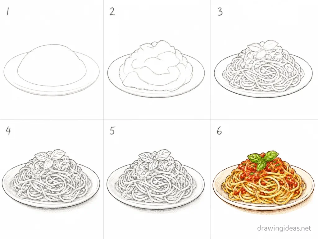 How to draw spaghetti step by step — 6-step spaghetti drawing tutorial grid