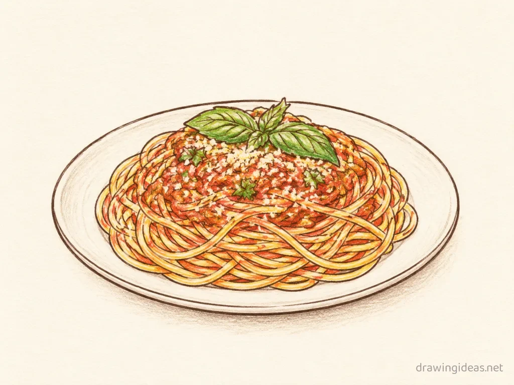 Spaghetti drawing — hand-drawn spaghetti illustration with ink lines and soft colors