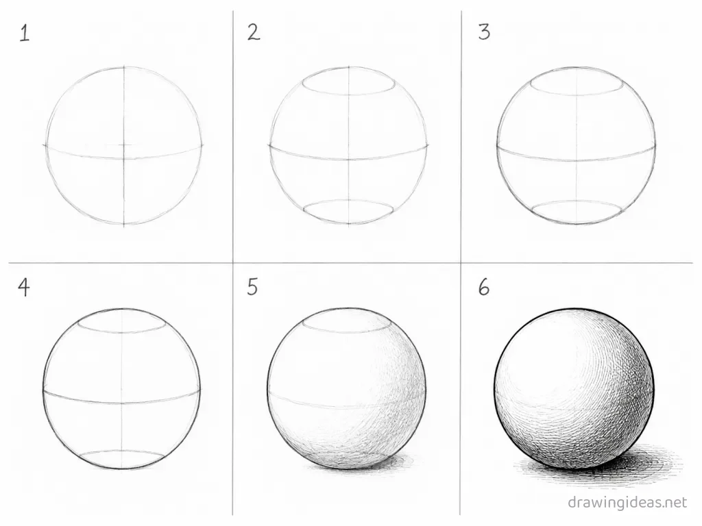 How to draw a sphere step by step — 6-step sphere drawing tutorial grid