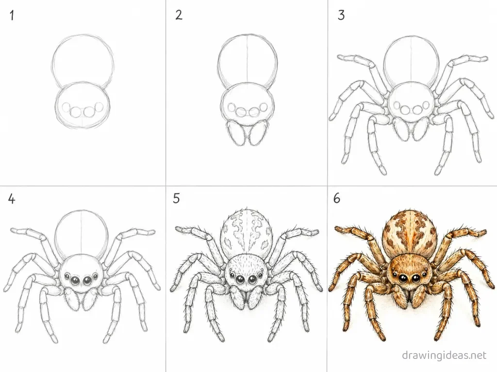 How to draw a spider step by step — 6-step spider drawing tutorial grid