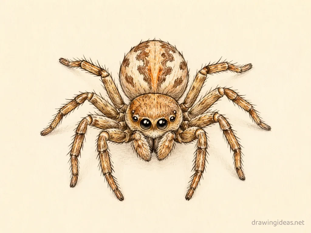 Spider drawing — hand-drawn spider illustration with ink lines and soft colors