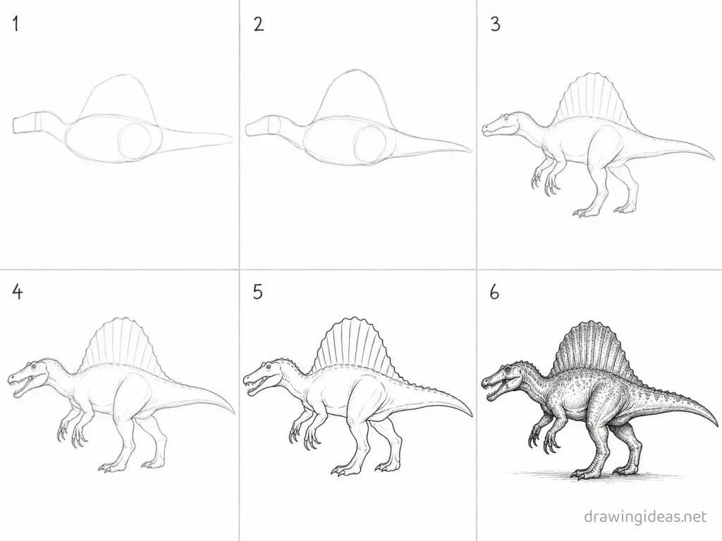 How to draw a spinosaurus step by step — 6-step spinosaurus drawing tutorial grid