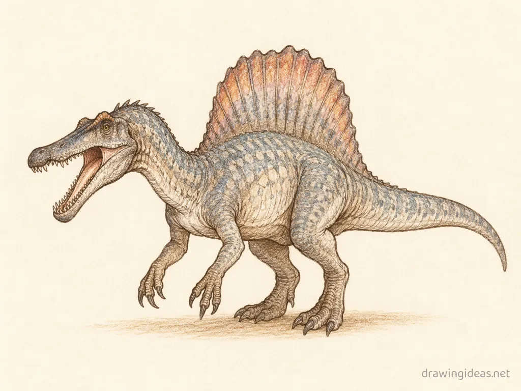 Spinosaurus drawing — hand-drawn spinosaurus illustration with ink lines and soft colors