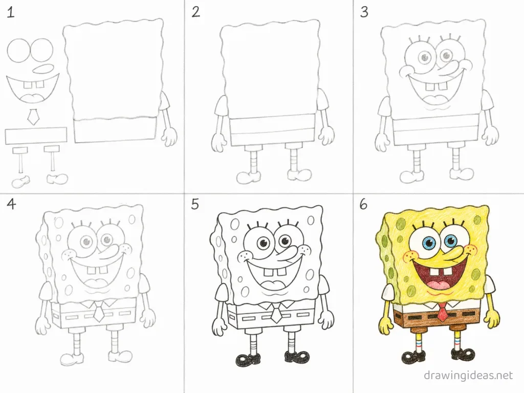 How to draw Spongebob step by step — 6-step Spongebob drawing tutorial grid