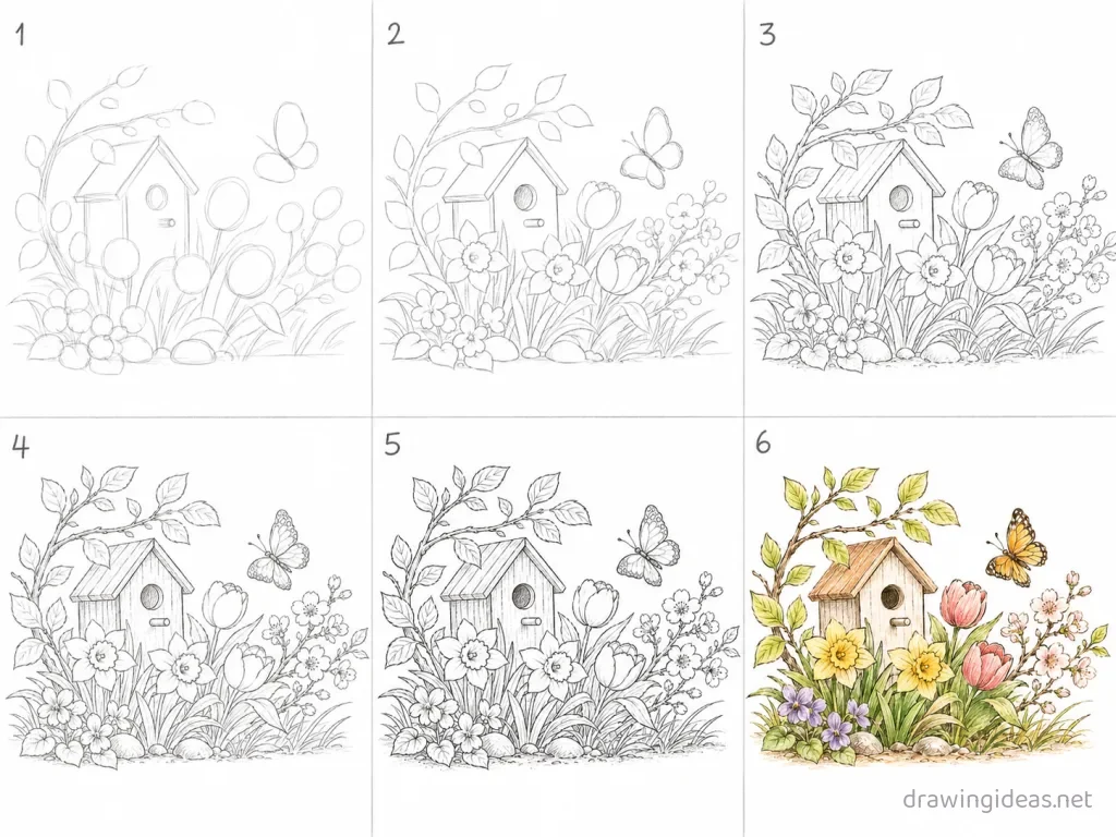 How to draw spring step by step — 6-step spring drawing tutorial grid