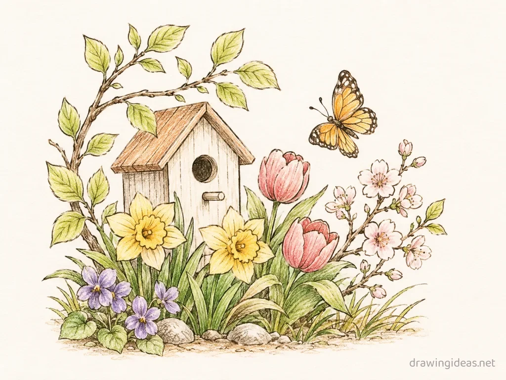 Spring drawing — hand-drawn spring illustration with ink lines and soft colors