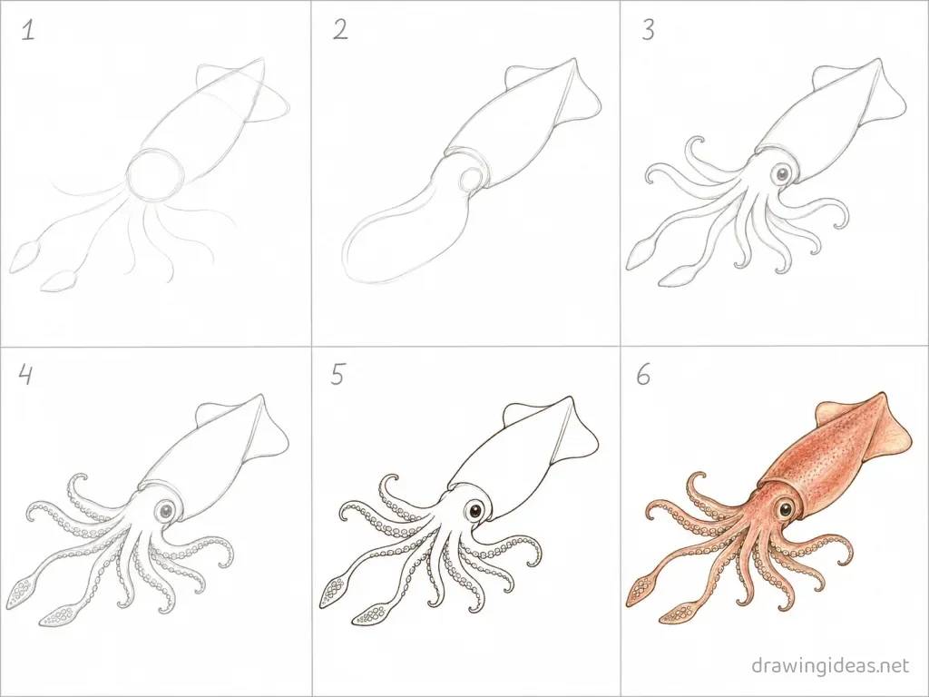 How to draw a squid step by step — 6-step squid drawing tutorial grid