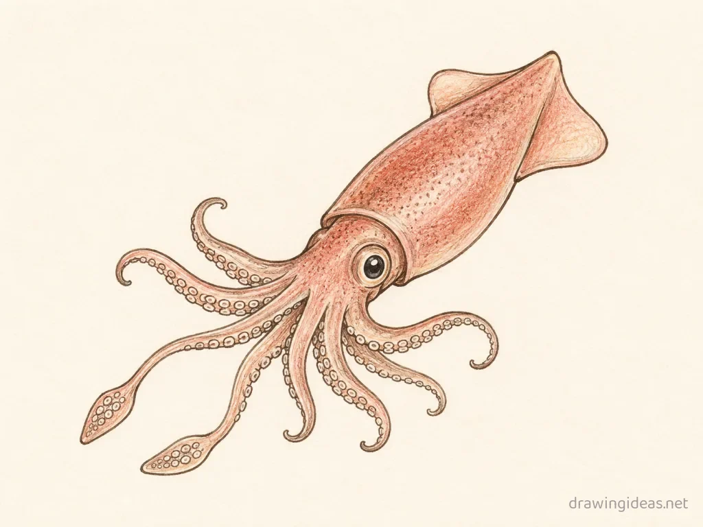 Squid drawing — hand-drawn squid illustration with ink lines and soft colors