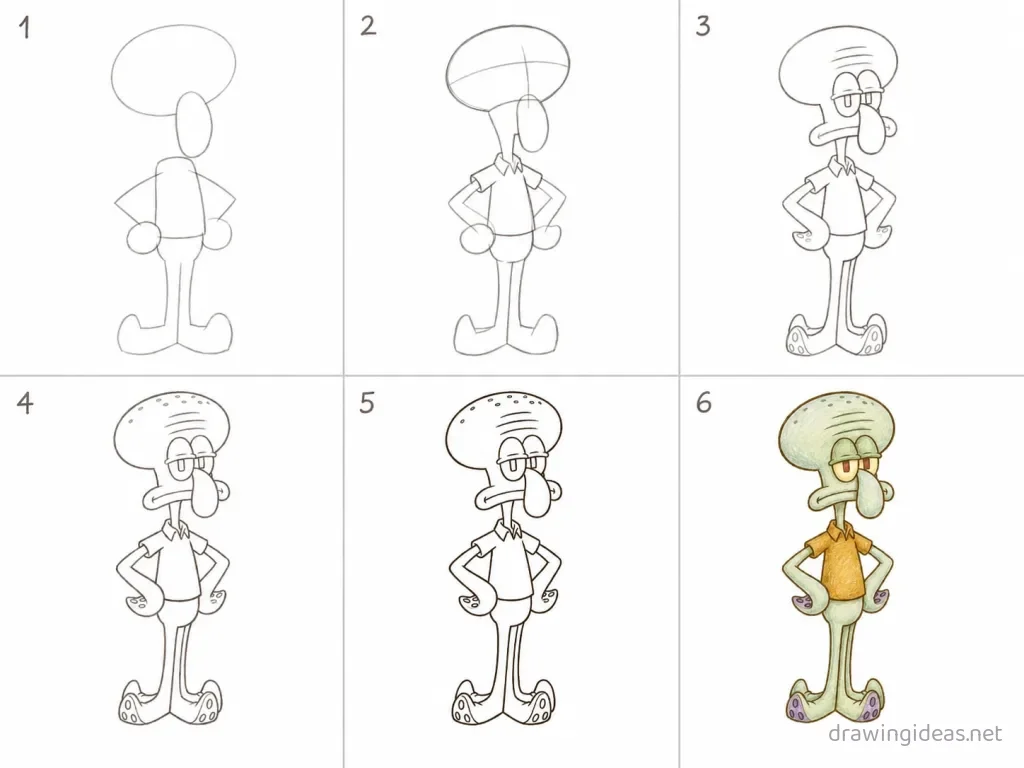 How to draw Squidward step by step — 6-step Squidward drawing tutorial grid