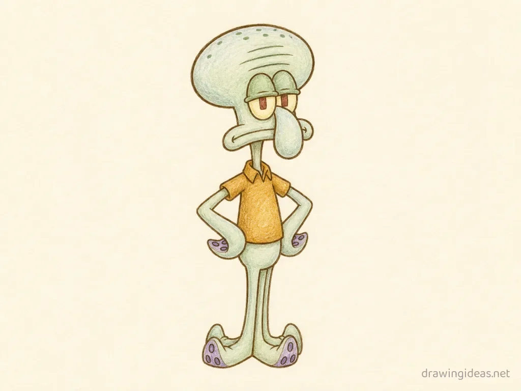 Squidward drawing — hand-drawn Squidward illustration with ink lines and soft colors