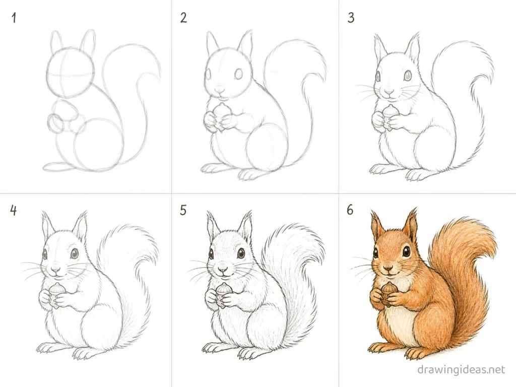 How to draw a squirrel step by step — 6-step squirrel drawing tutorial grid
