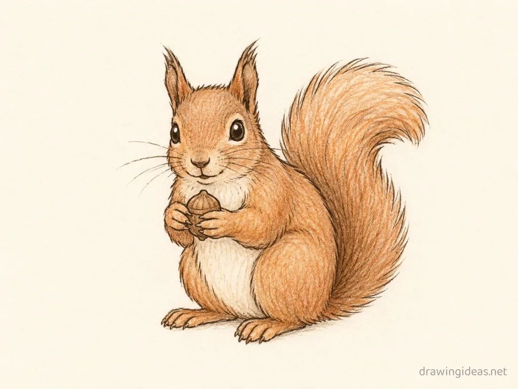 Squirrel drawing — hand-drawn squirrel illustration with ink lines and soft colors