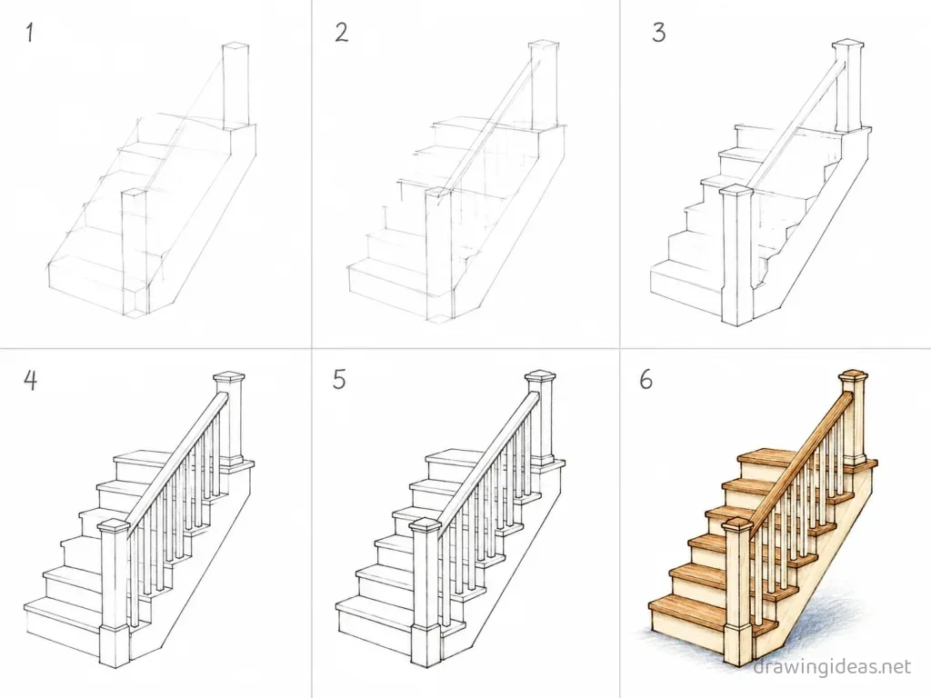 How to draw stairs step by step — 6-step stairs drawing tutorial grid