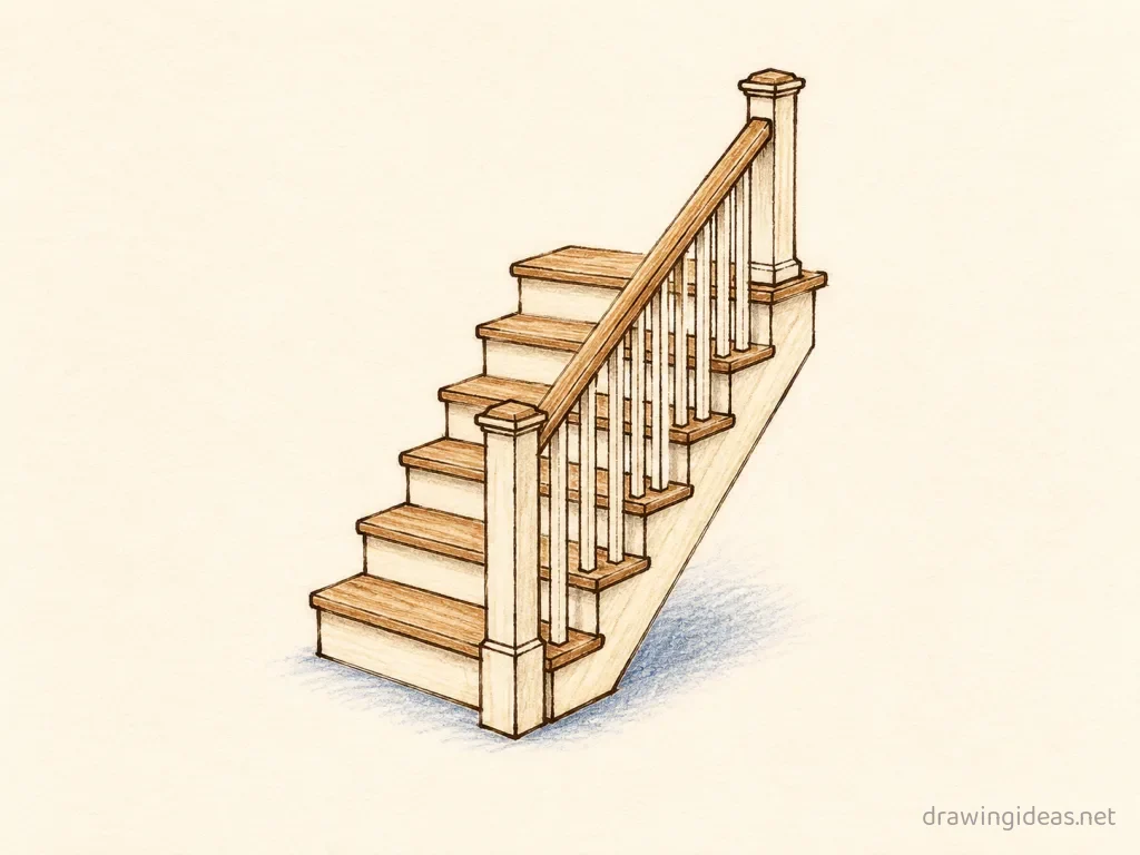 Stairs drawing — hand-drawn stairs illustration with ink lines and soft colors