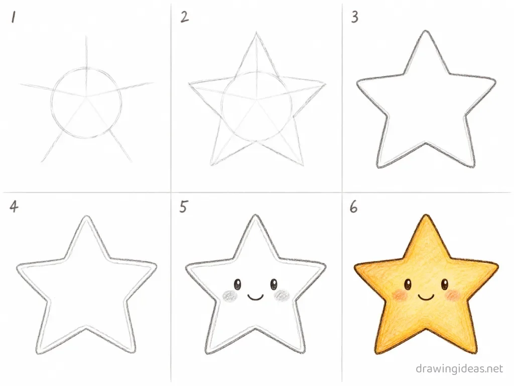 How to draw a star step by step — 6-step star drawing tutorial grid