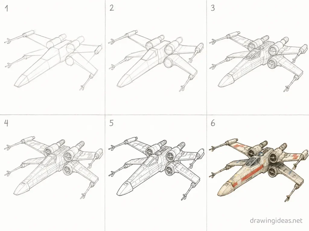 How to draw Star Wars step by step — 6-step Star Wars drawing tutorial grid