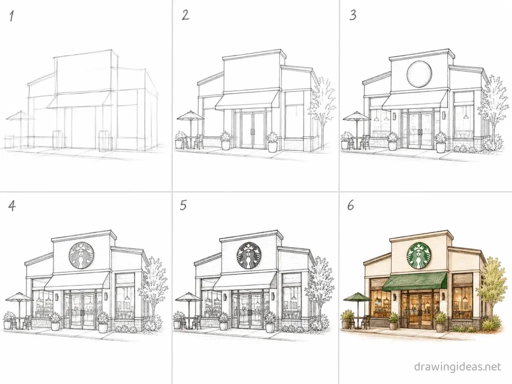How to draw Starbucks step by step — 6-step Starbucks drawing tutorial grid