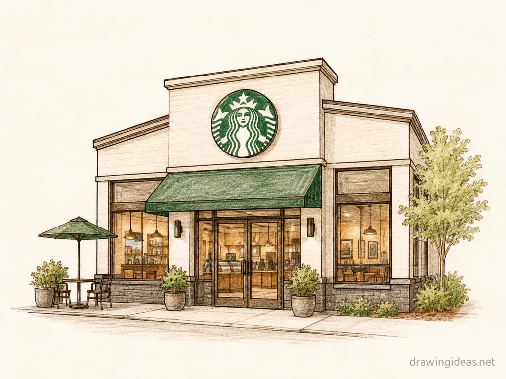 Starbucks drawing — hand-drawn Starbucks illustration with ink lines and soft colors