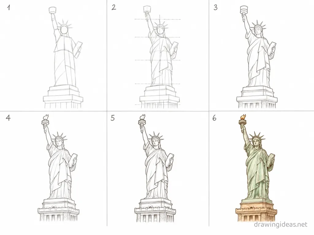 How to draw the Statue of Liberty step by step — 6-step Statue of Liberty drawing tutorial grid