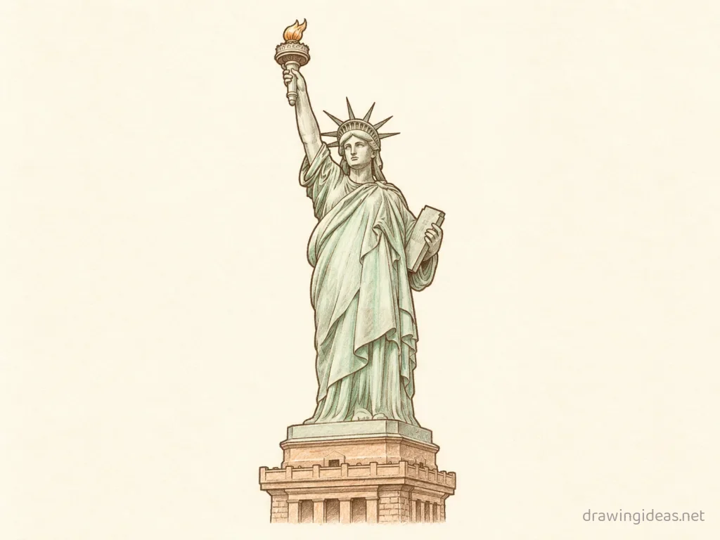 Statue of Liberty drawing — hand-drawn Statue of Liberty illustration with ink lines and soft colors