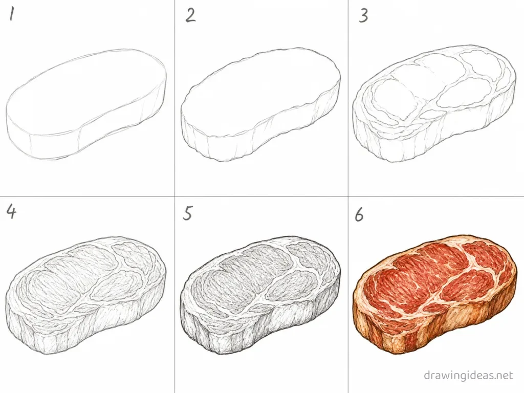 How to draw steak step by step — 6-step steak drawing tutorial grid