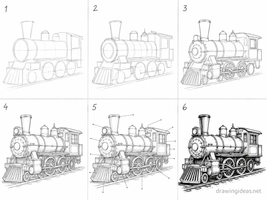 How to draw a steam engine step by step — 6-step steam engine drawing tutorial grid