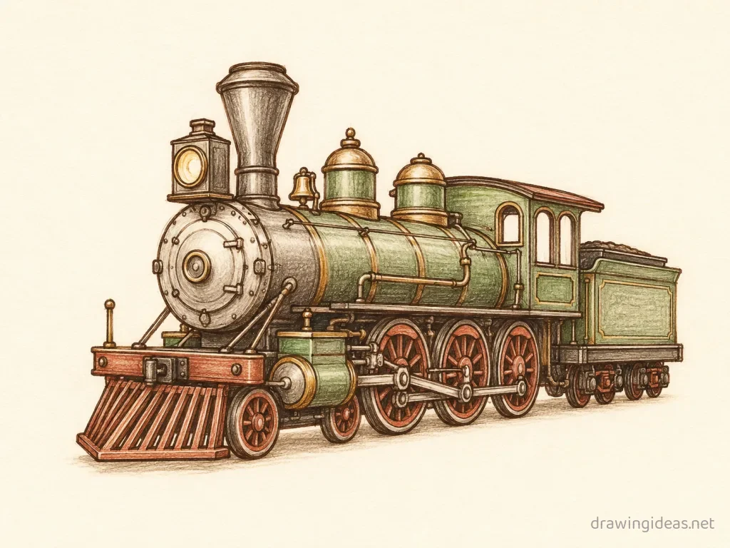 Steam Engine drawing — hand-drawn steam engine illustration with ink lines and soft colors