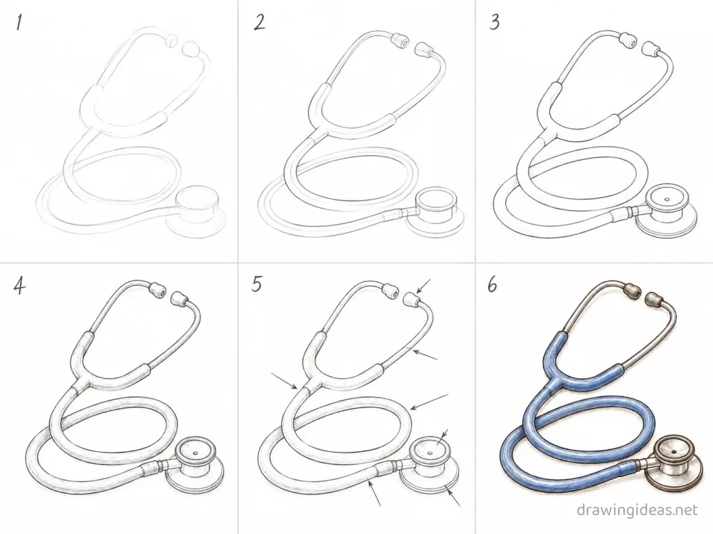 How to draw a stethoscope step by step — 6-step stethoscope drawing tutorial grid