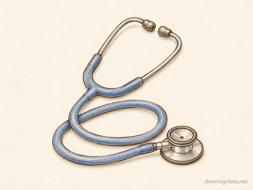 Stethoscope drawing — hand-drawn stethoscope illustration with ink lines and soft colors