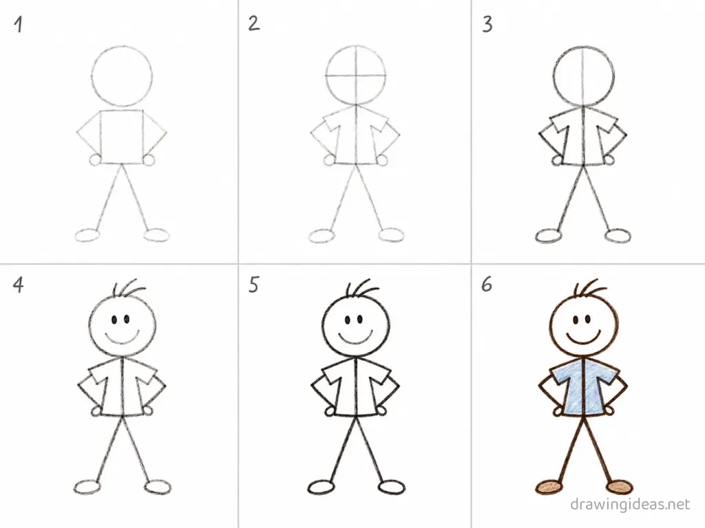 How to draw a stick figure step by step — 6-step stick figure drawing tutorial grid
