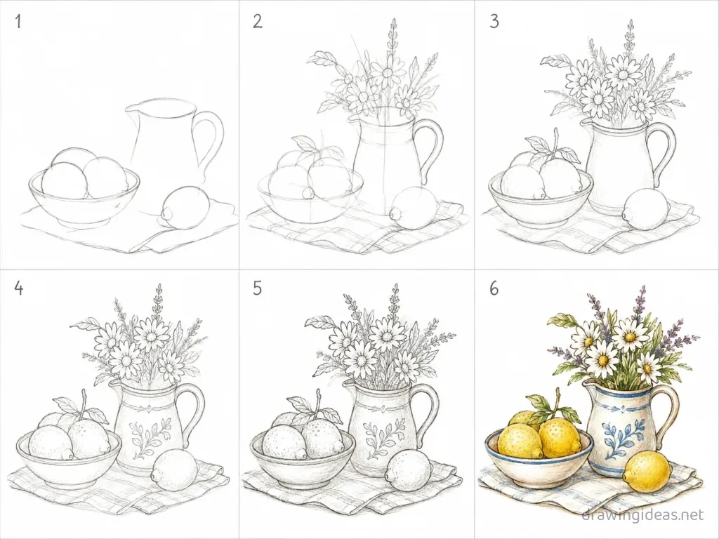 How to draw a still life step by step — 6-step still life drawing tutorial grid