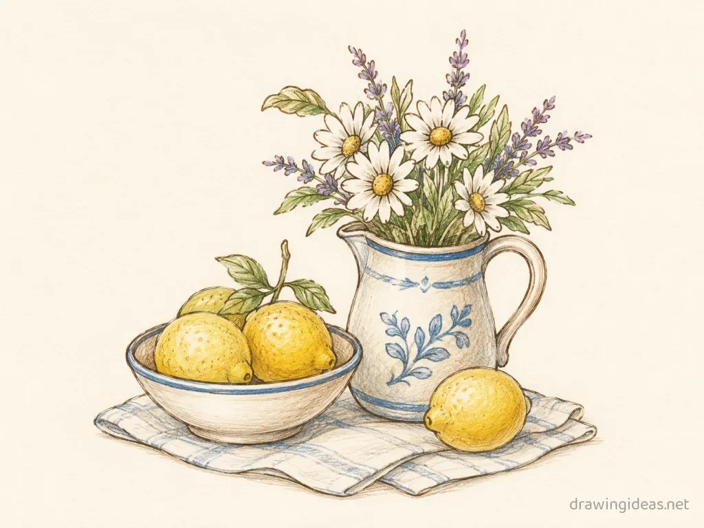 Still Life drawing ā hand-drawn still life illustration with ink lines and soft colors