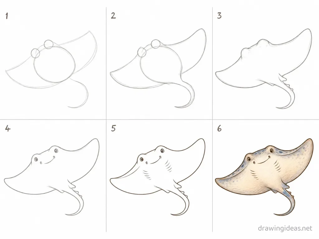 How to draw a stingray step by step — 6-step stingray drawing tutorial grid
