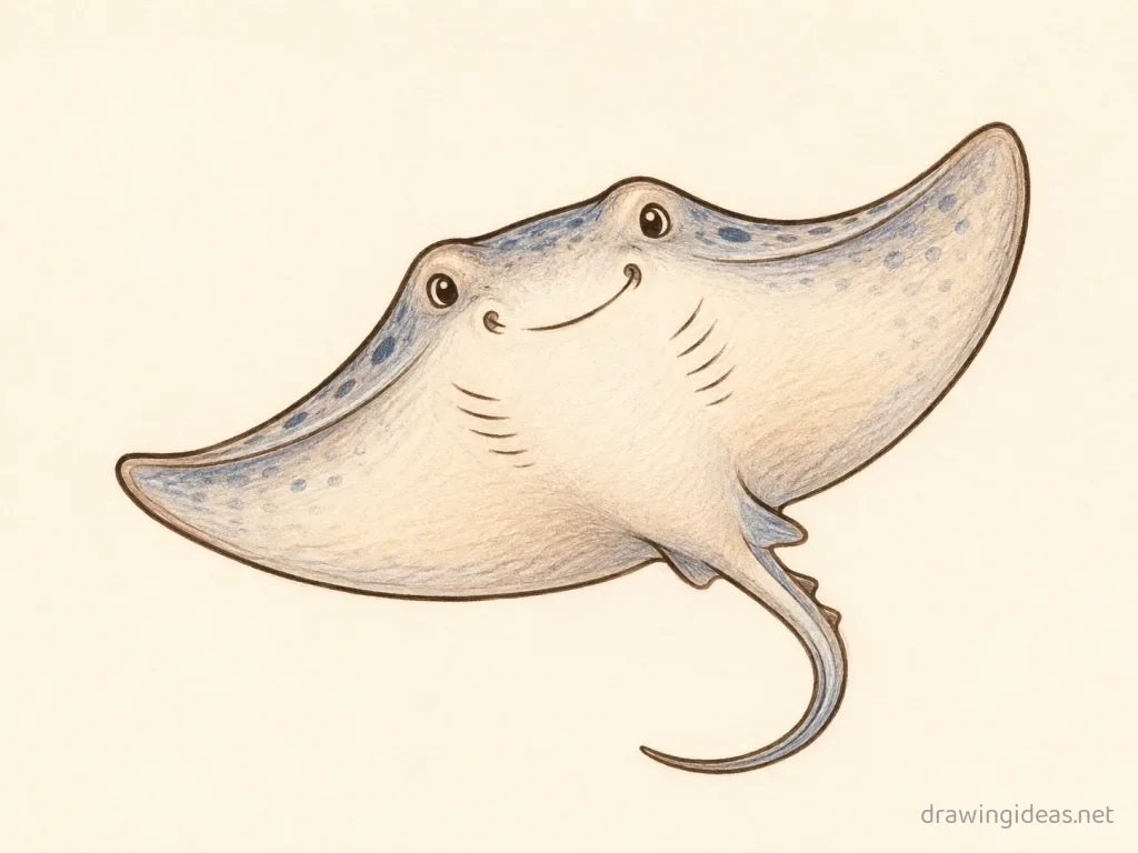 Stingray drawing — hand-drawn stingray illustration with ink lines and soft colors