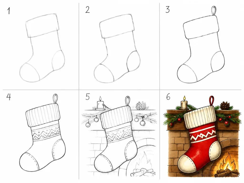 How to draw a stocking step by step — 6-step stocking drawing tutorial grid
