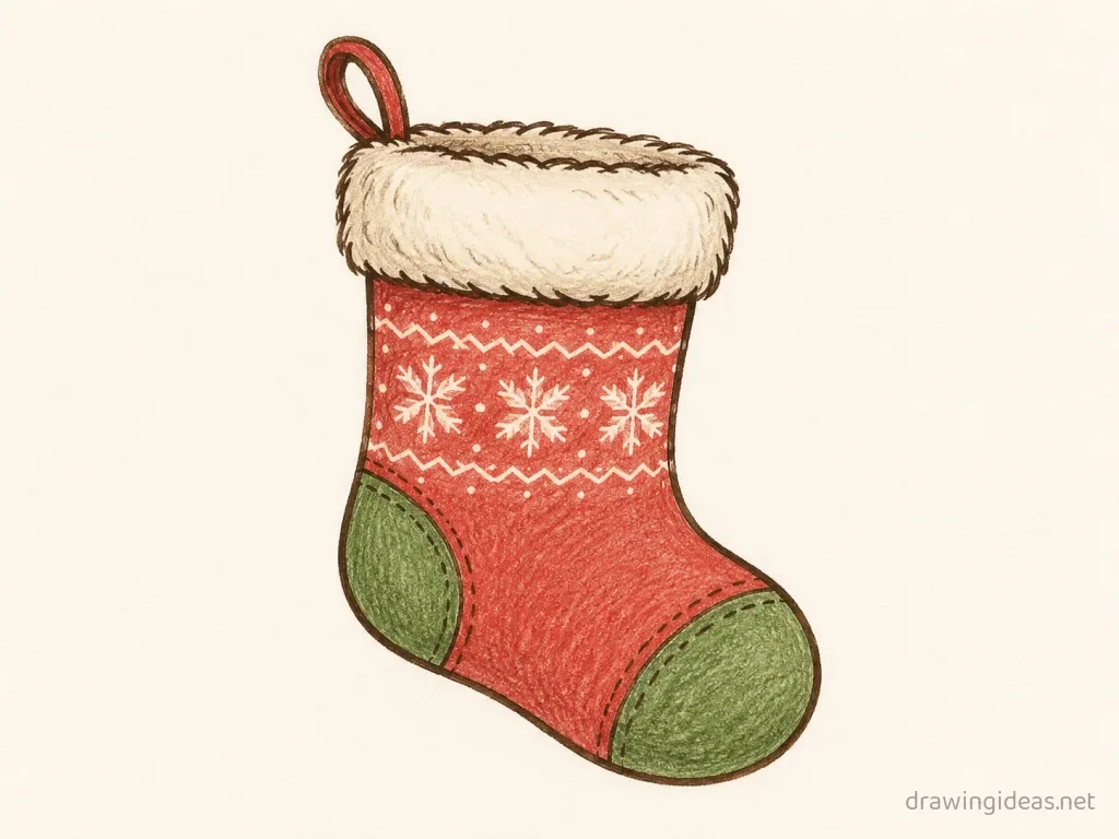 Stocking drawing — hand-drawn stocking illustration with ink lines and soft colors
