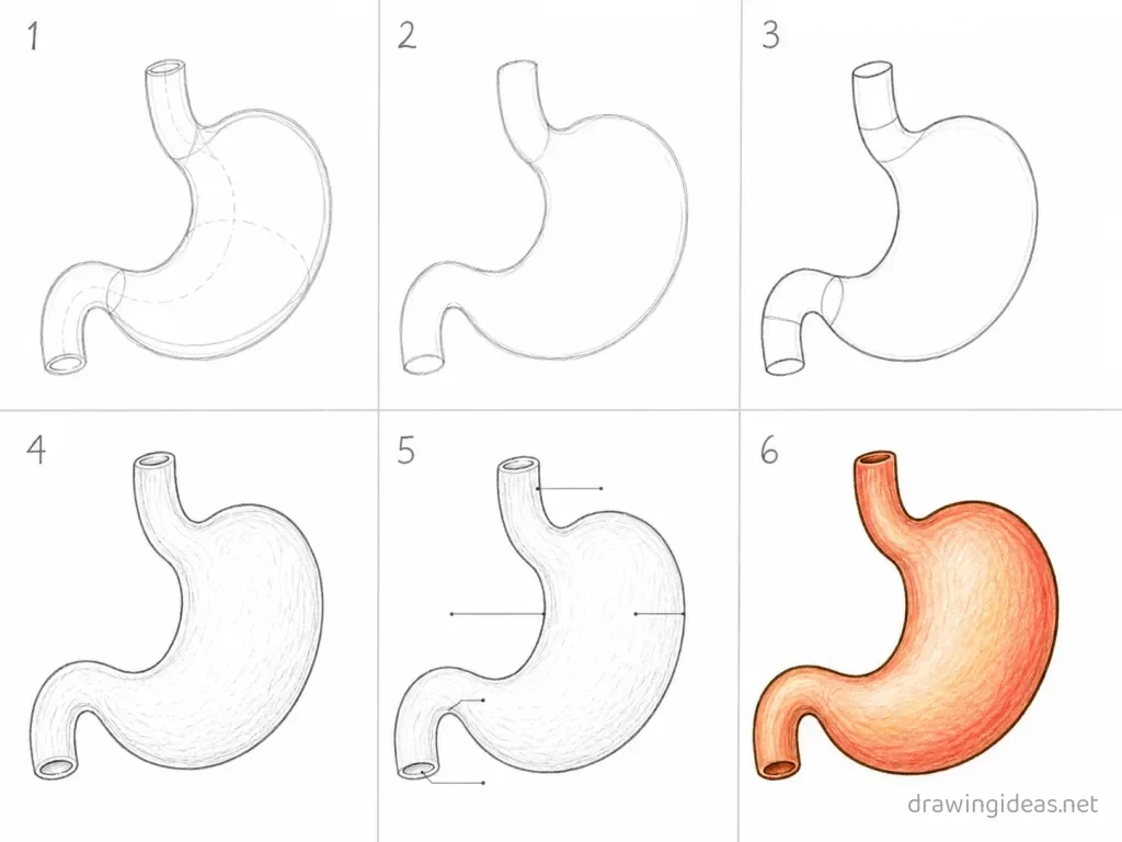 How to draw a stomach step by step — 6-step stomach drawing tutorial grid