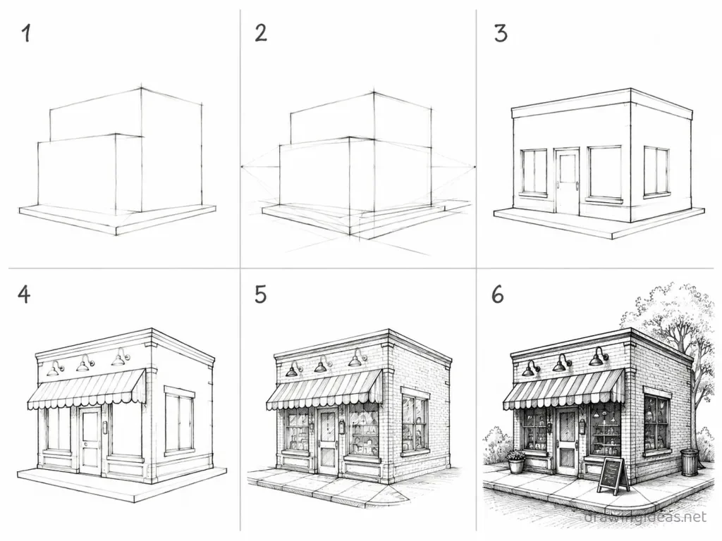 How to draw a store step by step — 6-step store drawing tutorial grid