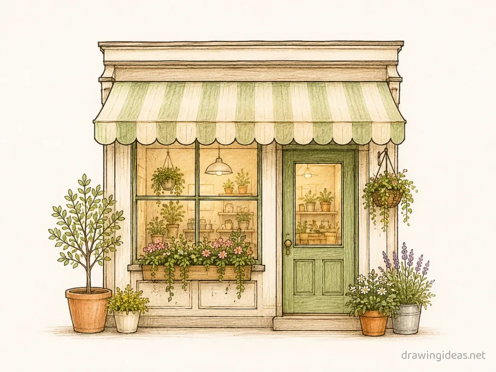 Store drawing — hand-drawn store illustration with ink lines and soft colors